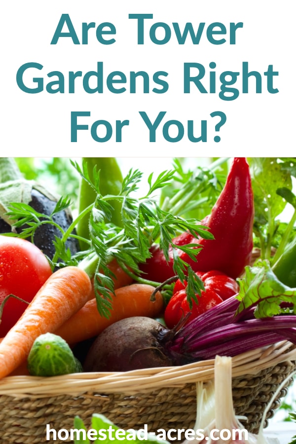 Are Tower Gardens Right For You? text overlaid on a basket of fresh vegetables.