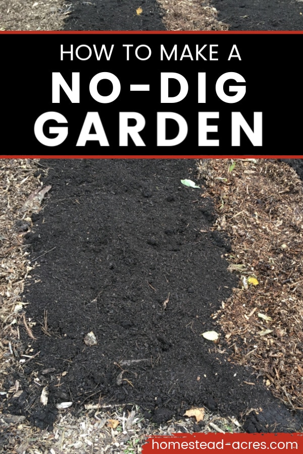 How to make a no-dig garden text overlaid on a photo of garden beds made with compost, mulch, and cardboard.